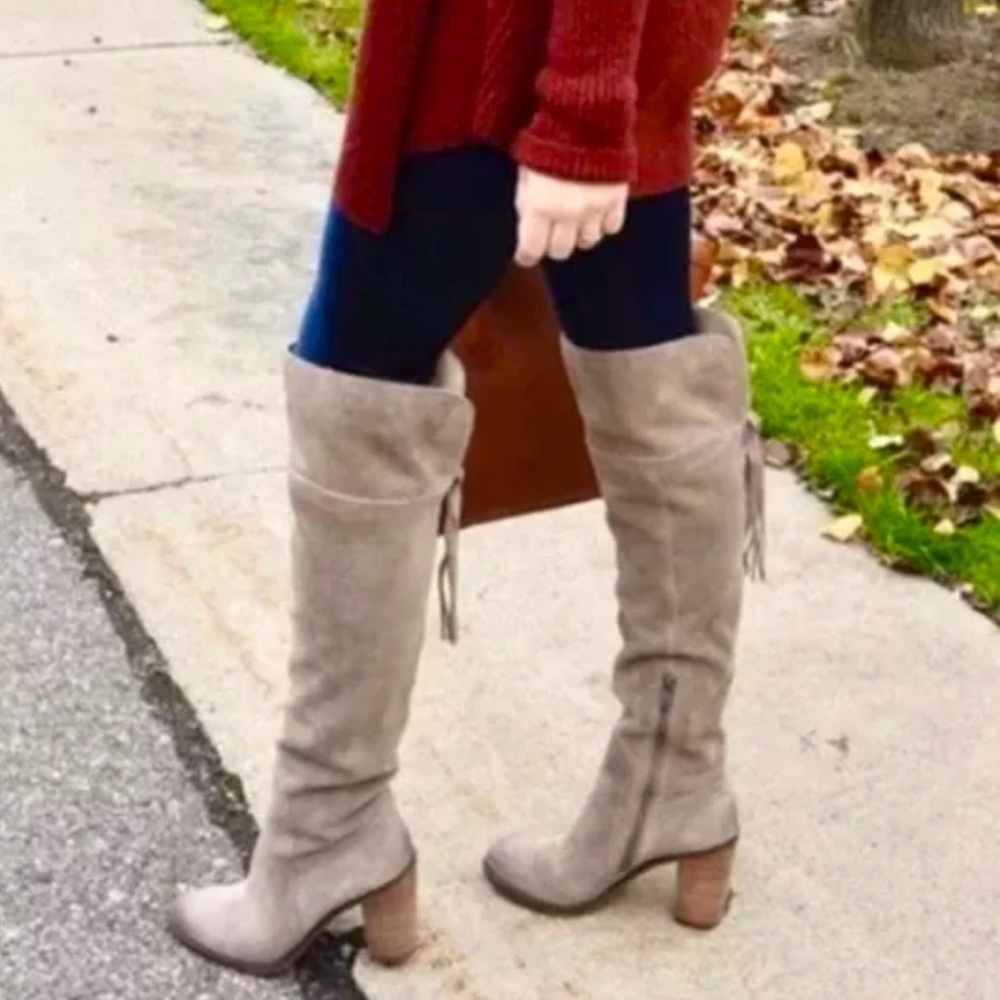 Franco Sarto Elly Over The Knee Boot Women's 9 Taupe Suede Wooden Heel Side Zip - Picture 1 of 7